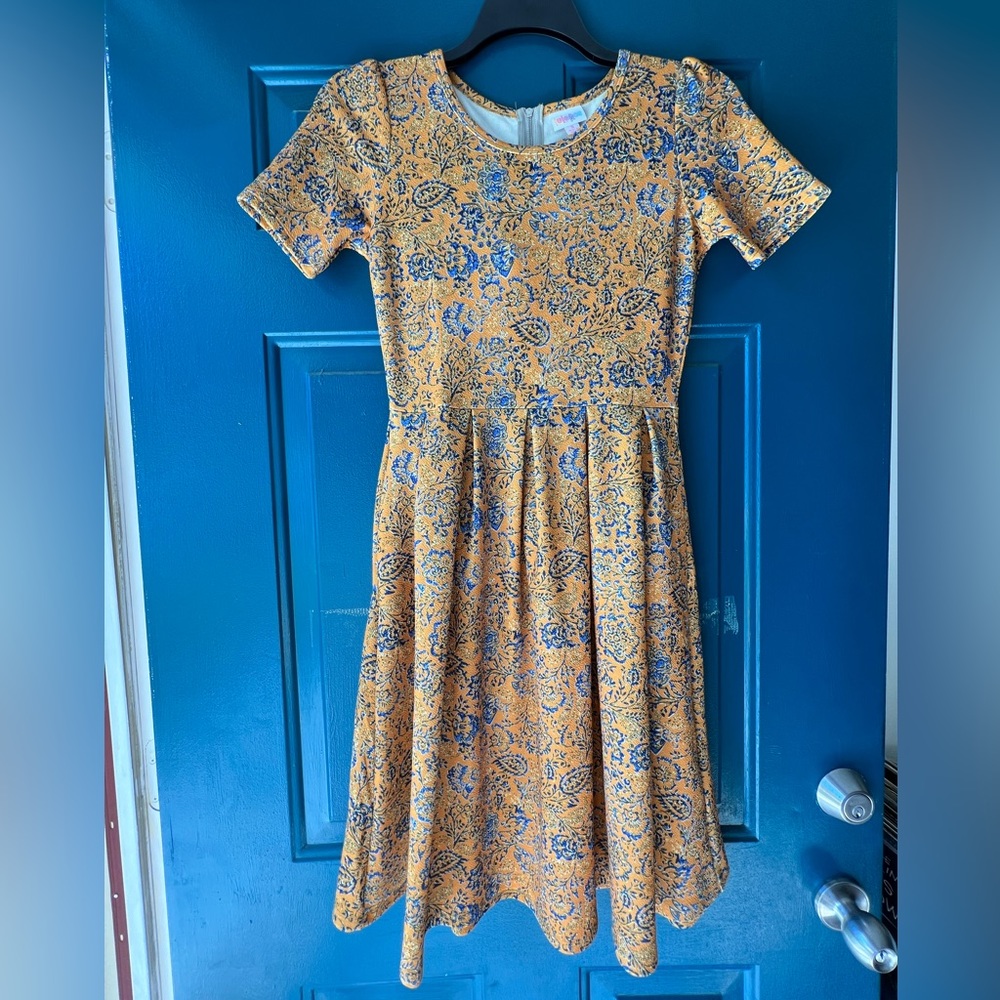 Blue & gold floral mid length